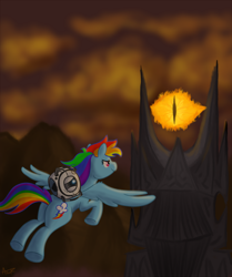 Size: 1600x1916 | Tagged: artist needed, safe, character:rainbow dash, species:pegasus, species:pony, barad-dûr, crossover, eye of sauron, female, flying, lord of the rings, mare, personality core, portal (valve), wheatley