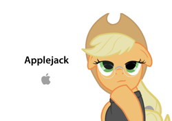 Size: 1000x702 | Tagged: safe, artist:buzzkill3r, character:applejack, species:earth pony, species:pony, ad parody, apple (company), clothing, female, floppy ears, glasses, hat, hoof on chin, logo, mare, simple background, solo, steve jobs, sweater, turtleneck, white background