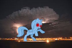Size: 1024x683 | Tagged: artist needed, source needed, safe, species:pony, blucifer, denver, irl, photo, ponies in real life, ponified, rearing, red eyes, solo, statue, thunderstorm