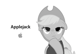 Size: 1000x702 | Tagged: artist needed, safe, edit, character:applejack, species:earth pony, species:pony, ad parody, apple (company), clothing, female, floppy ears, glasses, hat, hoof on chin, logo, mare, simple background, solo, steve jobs, sweater, turtleneck, white background