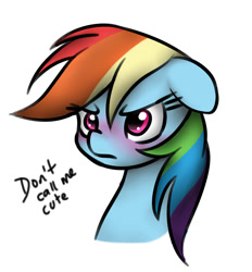Size: 821x886 | Tagged: artist needed, safe, character:rainbow dash, species:pegasus, species:pony, blatant lies, blushing, bust, cute, dashabetes, dialogue, female, floppy ears, frown, glare, i'm not cute, mare, simple background, solo, tsunderainbow, tsundere, unamused, white background