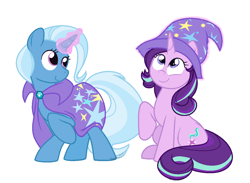 Size: 1096x802 | Tagged: artist needed, safe, artist:sinna, character:starlight glimmer, character:trixie, species:pony, species:unicorn, ship:startrix, accessory swap, cape, clothing, cute, diatrixes, female, glimmerbetes, hat, lesbian, magic, mare, shipping, simple background, trixie's cape, trixie's hat, white background
