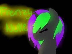 Size: 960x720 | Tagged: artist needed, safe, oc, oc only, oc:frenzy nuke, species:pony, species:unicorn, black background, bust, digital art, eyes closed, simple background, solo, text