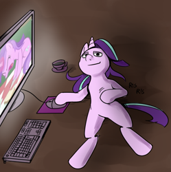 Size: 1581x1585 | Tagged: artist needed, safe, character:amethyst star, character:sparkler, character:starlight glimmer, species:pony, /mlp/, episode:the mysterious mare do well, g4, my little pony: friendship is magic, computer, computer mouse, cup, keyboard, ponified, solo, teacup