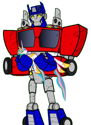 Size: 522x721 | Tagged: artist needed, safe, character:princess celestia, species:alicorn, species:pony, female, holding a pony, mare, optilestia, optimus prime, simple background, transformers, transformers rescue bots, transparent background