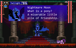 Size: 808x518 | Tagged: artist needed, source needed, safe, character:nightmare moon, character:princess luna, character:twilight sparkle, 8-bit, carpet, castle, castlevania, castlevania: symphony of the night, image macro, meme, ponyvania, red carpet, retro, text, throne, throne room, video game, what is a man