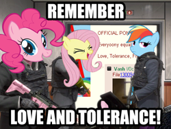Size: 480x360 | Tagged: artist needed, safe, character:fluttershy, character:pinkie pie, character:rainbow dash, species:pony, /co/, 4chan, artifact, call of duty, call of duty: modern warfare 2, eyes closed, flutteryay, image macro, impact font, love and tolerance, love and tolerate, m4, meme, mlpg, modern warfare 2, no russian, stock vector, weapon, yay