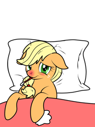 Size: 2048x2732 | Tagged: artist needed, safe, character:applejack, species:pony, blanket, cold, cute, fever, handkerchief, pillow, sick, simple background, solo, tissue, transparent background