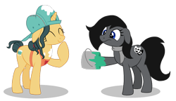 Size: 1267x730 | Tagged: artist needed, safe, character:fresh coat, oc, species:earth pony, species:pony, species:unicorn, 4chan, apron, backwards ballcap, baseball cap, cap, clothing, cute, drawthread, eyes closed, floppy ears, frown, hair bun, hat, laughing, paint, paint can, raised hoof, scarf, simple background, transparent background