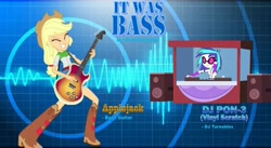 Size: 637x350 | Tagged: artist needed, safe, artist:abtoons, artist:haleyc4629, edit, character:applejack, character:dj pon-3, character:vinyl scratch, episode:a case for the bass, g4, my little pony:equestria girls, bass guitar, clothing, cowgirl, customization, dj turnables, earthquake, eyes closed, freckles, gimp, hat, inspiration, it was bass, jamming out, music video, musical instrument, musician, parody, poster, questionable source, remix, schmoyoho, sunglasses, thought it was an earthquake