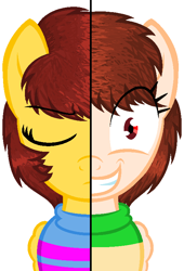 Size: 518x763 | Tagged: artist needed, source needed, safe, base used, species:pegasus, species:pony, chara, female, filly, frisk, ponified, simple background, two sides, undertale, white background