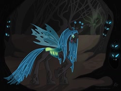 Size: 1024x768 | Tagged: artist needed, safe, character:queen chrysalis, species:changeling, changeling queen, female, forest, tree