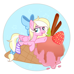 Size: 4000x4000 | Tagged: artist needed, safe, oc, oc only, oc:bay breeze, species:pegasus, species:pony, bow, clothing, dessert, female, food, hair bow, ice cream, mare, open mouth, pointing, raised hoof, socks, strawberry, striped socks, tail bow