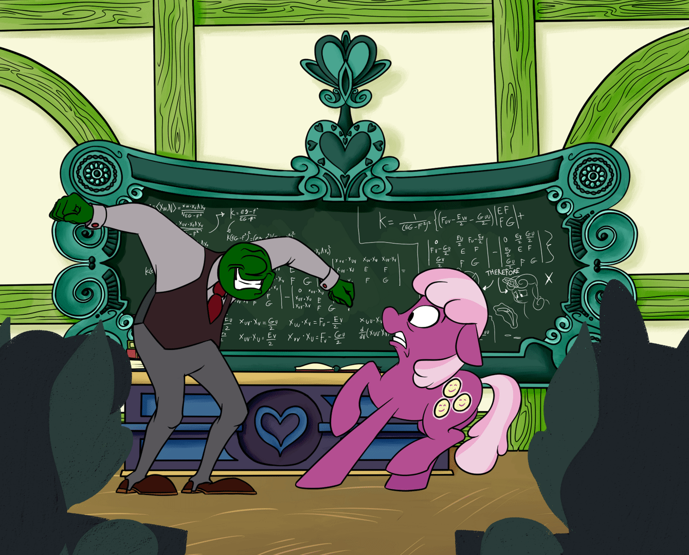 Size: 1340x1080 | Tagged: safe, artist:anontheanon, character:cheerilee, oc, oc:anon, species:earth pony, species:human, species:pony, animated, apple, book, chalkboard, classroom, colored, do not want, female, filly, food, frame by frame, gif, hape, hug, human male, kissing, male, math, non-consensual cuddling, personal space invasion, ponyville schoolhouse, scared, snuggling, unwanted kiss