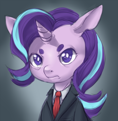 Size: 972x1000 | Tagged: artist needed, safe, character:starlight glimmer, species:pony, species:unicorn, beanbrows, clothing, eyebrows, frown, necktie, shirt, solo, suit