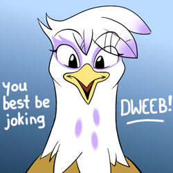 Size: 550x550 | Tagged: artist needed, safe, edit, character:gilda, species:griffon, cute, dweeb, gildadorable, happy, reaction image, smiling, solo, text