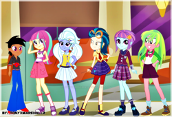 Size: 900x613 | Tagged: artist needed, safe, artist:tonyxmarshall2, artist:xebck, character:indigo zap, character:lemon zest, character:sour sweet, character:sugarcoat, character:sunny flare, oc, oc:kevin jr, my little pony:equestria girls, shadow five
