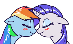 Size: 726x437 | Tagged: artist needed, safe, character:rainbow dash, character:rarity, species:pegasus, species:pony, species:unicorn, ship:raridash, blushing, eyes closed, female, lesbian, mare, nose to nose, nose wrinkle, shipping