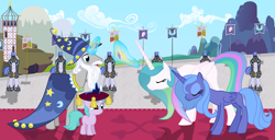Size: 4000x2040 | Tagged: safe, anonymous artist, derpibooru original, character:princess celestia, character:princess luna, character:star swirl the bearded, species:pegasus, species:pony, alternate hairstyle, armor, blank flank, bowing, canterlot, carpet, cloud, commander hurricane guard, coronation, crown, crown pillow, earth pony flag, female, filly, flag, jewelry, mountain, pegasus flag, pegasus royal guard, pillow, regalia, royal guard, s1 luna, scaffolding, scenery, tower, unicorn flag, younger