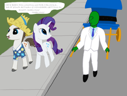 Size: 3048x2304 | Tagged: artist needed, safe, character:hondo flanks, character:rarity, oc, oc:anon, species:human, species:pony, 4chan, carriage, clothing, dialogue, drawthread, eye contact, father and daughter, female, hat, looking at each other, male, mare, necktie, open mouth, pants, rickshaw, shirt, shoes, smiling, speech bubble, stallion, straw hat, suit, unshorn fetlocks