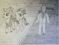 Size: 1500x1134 | Tagged: artist needed, safe, character:hondo flanks, character:rarity, oc, oc:anon, species:human, species:pony, 4chan, carriage, clothing, dialogue, drawthread, eye contact, father and daughter, female, hat, looking at each other, male, mare, monochrome, necktie, open mouth, pants, rickshaw, shirt, shoes, smiling, speech bubble, stallion, straw hat, suit, traditional art, unshorn fetlocks