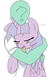 Size: 527x772 | Tagged: artist needed, safe, character:twilight sparkle, character:twilight sparkle (alicorn), oc, oc:anon, species:alicorn, species:human, species:pony, horses doing horse things, hug, human fetish, licking, salty, tongue out