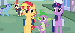Size: 1600x706 | Tagged: artist needed, safe, artist:thomaszoey3000, character:minuette, character:moondancer, character:spike, character:sunset shimmer, character:twilight sparkle, species:dragon, ship:sunsetspike, ship:twispike, bag, female, male, saddle bag, shipping, straight