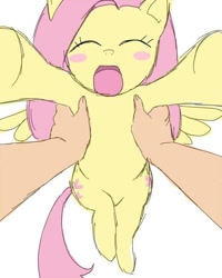 Size: 576x720 | Tagged: artist needed, safe, character:fluttershy, species:human, species:pegasus, species:pony, blushing, colored, cute, eyes closed, female, filly, hand, holding a pony, lifting, pov, simple background, sketch, white background