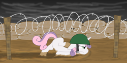Size: 1000x500 | Tagged: artist needed, source needed, safe, character:sweetie belle, species:pony, species:unicorn, barbed wire, female, filly, helmet, mud, sandbag, scootie belle, solo