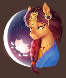 Size: 1164x1378 | Tagged: artist needed, safe, oc, oc only, species:pony, braid, clothing, ear piercing, earring, flower, jewelry, lotus (flower), moon, my little brony risovach, necklace, piercing, pigtails, solo