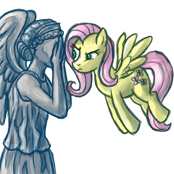 Size: 500x500 | Tagged: artist needed, safe, character:fluttershy, species:pegasus, species:pony, covering eyes, crossover, doctor who, female, flying, mare, simple background, the stare, weeping angel, white background