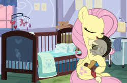 Size: 1099x727 | Tagged: artist needed, safe, character:discord, character:fluttershy, baby, baby discord, baby draconequus, comforting, fluttermom, mama fluttershy, sad
