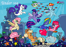 Size: 1700x1216 | Tagged: artist needed, source needed, useless source url, safe, artist:pencil bolt, character:applejack, character:fluttershy, character:pinkie pie, character:rainbow dash, character:rarity, character:songbird serenade, character:spike, character:twilight sparkle, species:seapony (g4), my little pony: the movie (2017), blep, bubble, castle, cute, eyes closed, lidded eyes, mane seven, mane six, open mouth, puffer fish, seaponified, seapony applejack, seapony fluttershy, seapony pinkie pie, seapony rainbow dash, seapony rarity, seapony twilight, seashell, smiling, smirk, species swap, spike the pufferfish, spread wings, swordfish, tongue out, undersea spa, wings