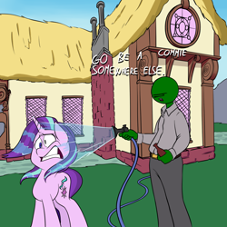 Size: 1500x1500 | Tagged: safe, artist:anontheanon, character:starlight glimmer, oc, oc:anon, species:pony, species:unicorn, /mlp/, abuse, alcohol, beer, bottle, chimney, colored background, communism, cutie mark, drama, drawthread, faec, female, frown, glimmerbuse, gritted teeth, hose, mare, meme, open mouth, ponyville, stalin glimmer, starlight drama, this will end in pain, water, wet, wet mane, wharrgarbl, wide eyes, window
