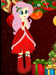 Size: 1536x2048 | Tagged: artist needed, safe, character:fluttershy, my little pony:equestria girls, bells, berries, boots, candy, candy cane, christmas, christmas presents, christmas tree, clothing, cute, dress, female, food, holiday, ornaments, shoes, solo, tree