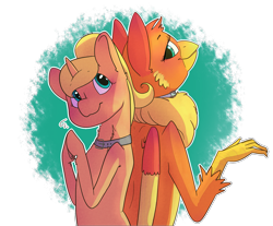 Size: 1907x1577 | Tagged: artist needed, safe, oc, oc only, oc:amber wing, oc:script write, species:griffon, species:pony, species:unicorn, abstract background, back to back, collar, looking at each other, nervous, smiling, standing