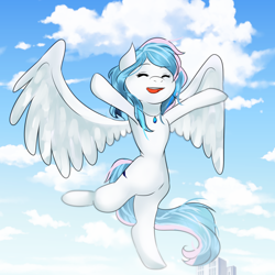 Size: 1000x1000 | Tagged: artist needed, safe, oc, oc only, oc:starburn, species:pony, building, flying, happy, jewelry, necklace, solo, ych result