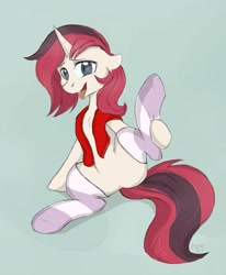 Size: 1451x1762 | Tagged: artist needed, source needed, safe, oc, oc only, species:pony, species:unicorn, clothing, female, scarf, socks, solo, striped socks, tongue out