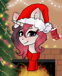 Size: 1719x2099 | Tagged: safe, artist:lovely-pony, oc, oc only, oc:waffles, species:pony, species:unicorn, christmas, christmas tree, clothing, fireplace, hat, holiday, scarf, solo, tree