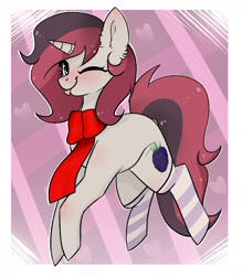 Size: 1556x1773 | Tagged: artist needed, source needed, safe, oc, oc only, oc:waffles, species:pony, species:unicorn, blushing, clothing, scarf, socks, solo, striped socks, tongue out