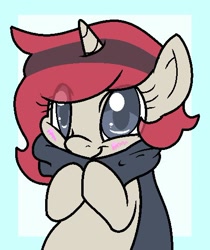 Size: 442x525 | Tagged: artist needed, source needed, safe, oc, oc only, species:pony, species:unicorn, blushing, clothing, cute, scarf, solo
