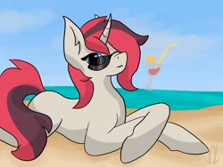 Size: 1600x1200 | Tagged: artist needed, source needed, safe, oc, oc only, species:pony, species:unicorn, beach, female, mare, solo, sunglasses