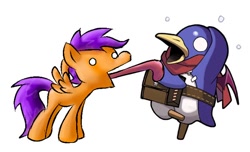 Size: 660x400 | Tagged: artist needed, safe, character:scootaloo, species:pegasus, species:pony, disgaea, duo, female, filly, hero prinny, licking, long tongue, open mouth, prinny, simple background, spread wings, sweat, sweatdrops, tongue out, white background, white eyes, wings