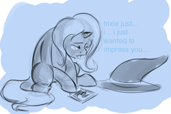 Size: 1006x671 | Tagged: artist needed, source needed, safe, character:trixie, character:twilight sparkle, species:pony, species:unicorn, abstract background, crying, sad, sketch, text, trixie's hat
