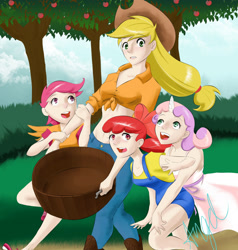 Size: 1920x2015 | Tagged: artist needed, source needed, safe, character:apple bloom, character:applejack, character:scootaloo, character:sweetie belle, species:human, species:pegasus, species:pony, apple tree, basket, belly button, clothing, cowboy hat, cute, cutie mark crusaders, dress, front knot midriff, hat, horn, humanized, midriff, overalls, tree, white dress