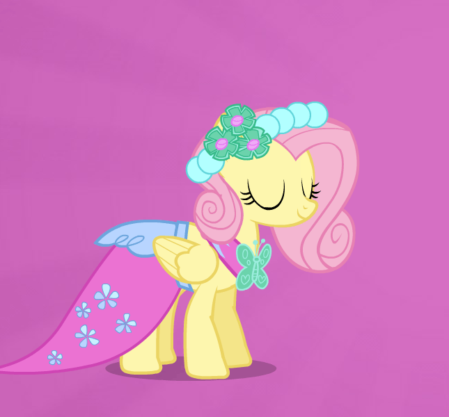 Size: 645x600 | Tagged: artist needed, safe, part of a set, character:fluttershy, species:pegasus, species:pony, animated, bridesmaid dress, clothing, dancing, dress, eyes closed, female, gif, happy, mare, simple background, solo