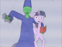 Size: 1600x1200 | Tagged: artist needed, safe, character:twilight sparkle, oc, oc:anon, species:human, species:pony, book, floppy ears, horrified, magic, necromancer, traditional art