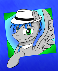 Size: 1165x1421 | Tagged: artist needed, safe, oc, oc only, oc:record melodie, species:pegasus, species:pony, blue hair, clothing, fedora, green eyes, hat, necktie, smiling