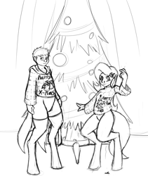 Size: 1856x2195 | Tagged: artist needed, safe, oc, oc only, oc:presto, oc:starburst, parent:trixie, satyr, brother and sister, christmas, christmas tree, clothing, female, holiday, male, offspring, sweater, tree