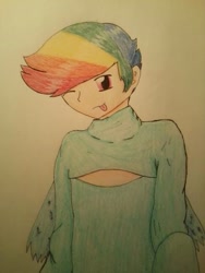 Size: 475x630 | Tagged: artist needed, safe, oc, oc only, oc:icarus, parent:rainbow dash, satyr, clothing, crossdressing, keyhole turtleneck, offspring, open-chest sweater, sweater, tongue out, traditional art, turtleneck